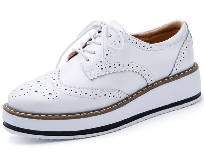 DADAWEN Women's Platform Lace-Up Wingtips Square Toe Oxfords Shoe White US Size 9/Asia Size 41/25.5cm - Image 1
